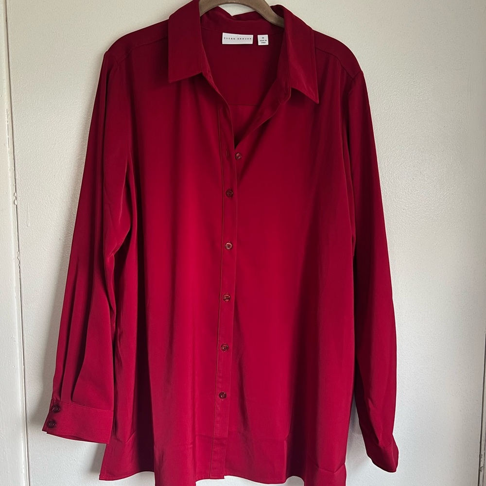 Susan Graver Rich Red Casual Button Down Shirt Size Medium Staple Career Office